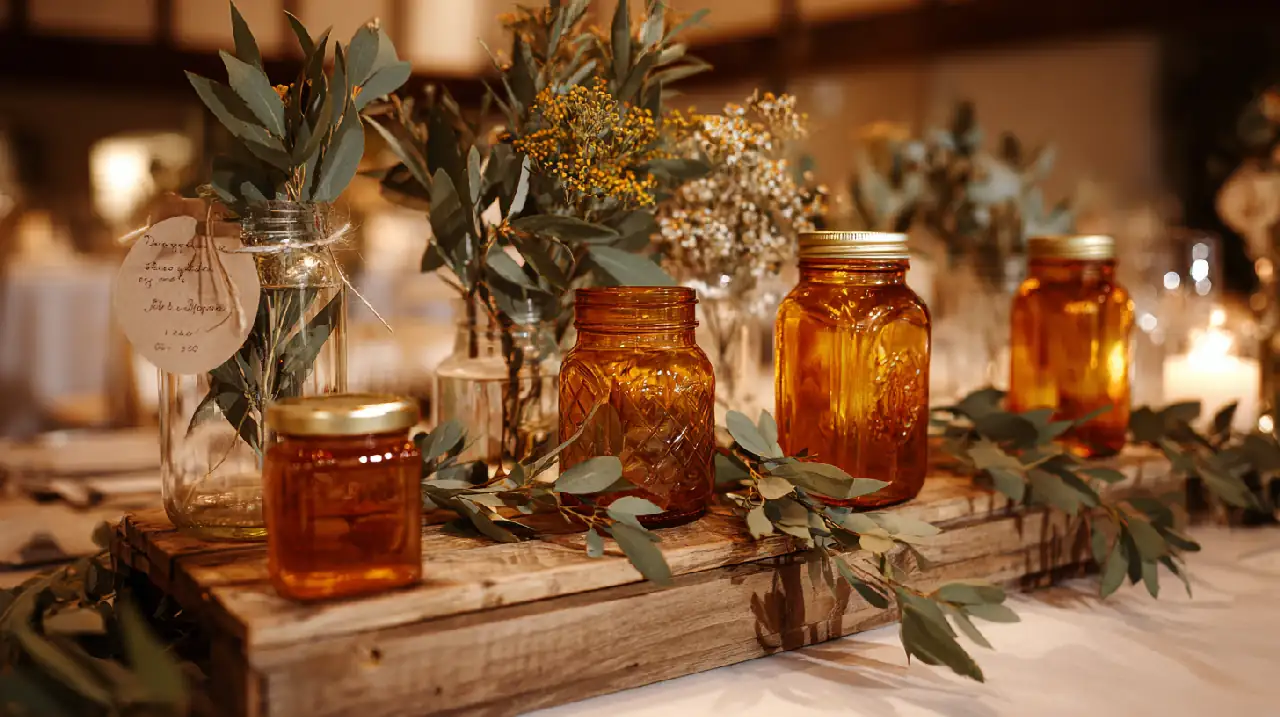 Détail d'une décoration de mariage zéro déchet avec bocaux en verre recyclés transformés en photophores, guirlandes de feuillages locaux, panneaux en bois de palette, petits pots de miel artisanal comme cadeaux invités, ambiance chaleureuse et durable, éclairage tamisé, style rustique élégant, format 16:9