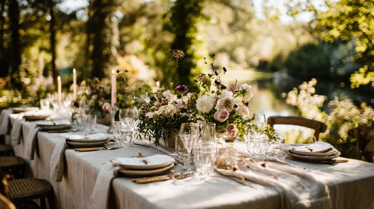 Photo professionnelle d'une table de mariage en extérieur avec décoration éco-responsable, vaisselle en céramique artisanale, chemin de table en lin naturel, bouquets de fleurs de saison locales, bougies en cire d'abeille, ambiance champêtre et lumineuse, éclairage naturel doux, style élégant et raffiné, format 16:9