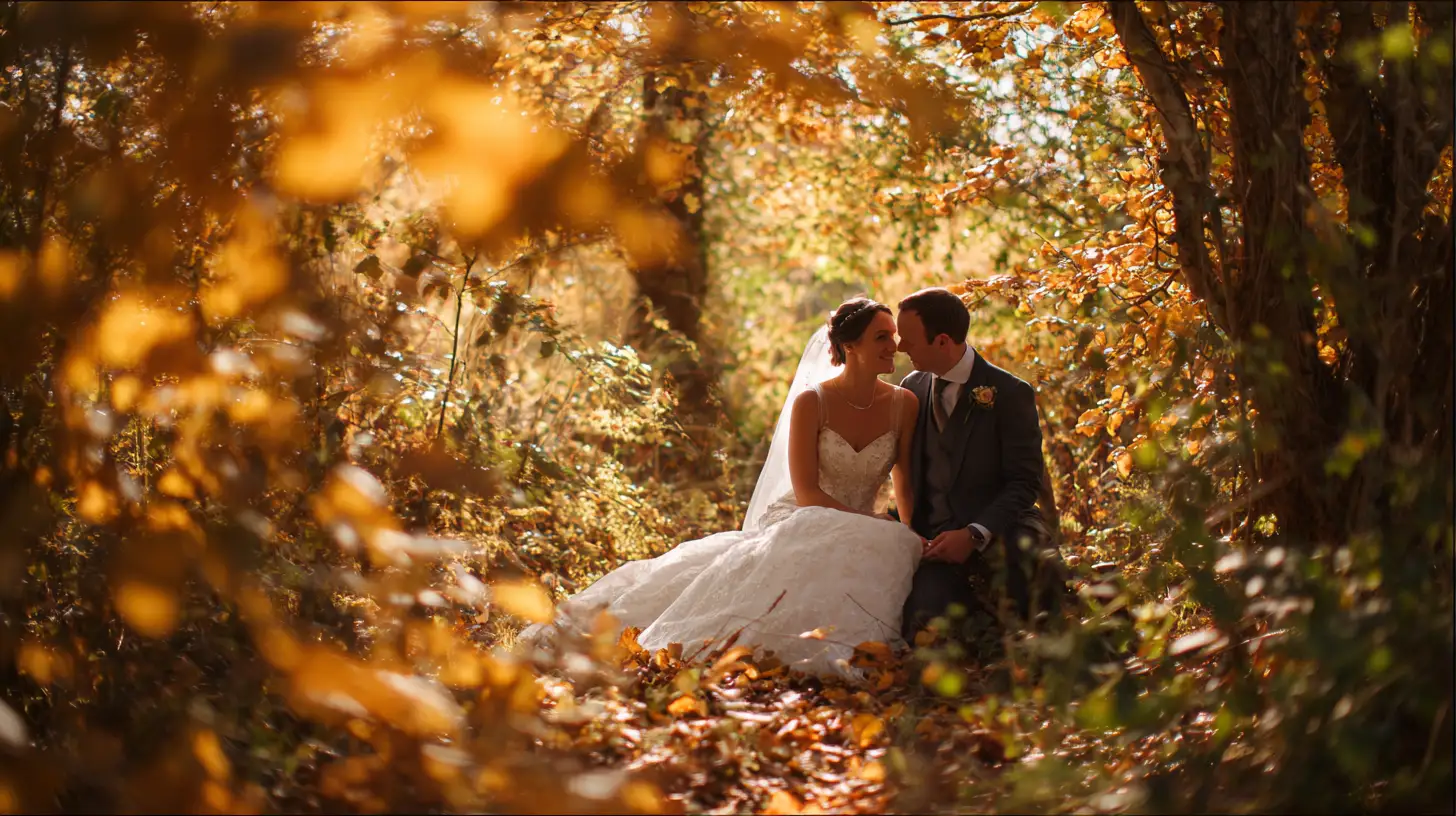Couple de mariés photographié dans un sous-bois aux feuilles orangées et dorées, lumière rasante de fin d'après-midi, ambiance romantique et chaleureuse, style élégant et naturel, format 16:9