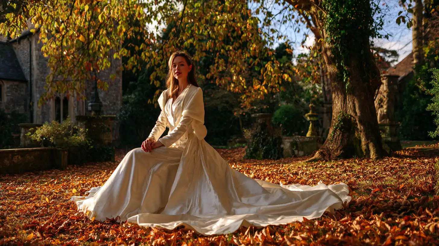 Mariée en robe à manches longues en satin ivoire, étole en mohair crème, photographiée dans un décor d'automne, feuilles colorées au sol, lumière dorée, style élégant et romantique, format 16:9
