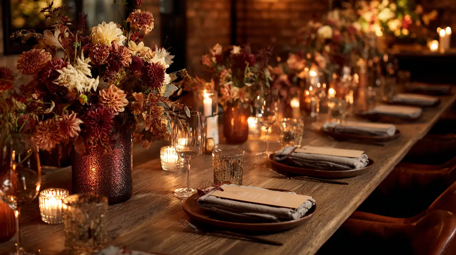 Table de réception de mariage décorée dans une palette automnale — terracotta, or, feuilles séchées, bougies et dahlias bordeaux — lumière tamisée et chaude, style rustique chic, format 16:9