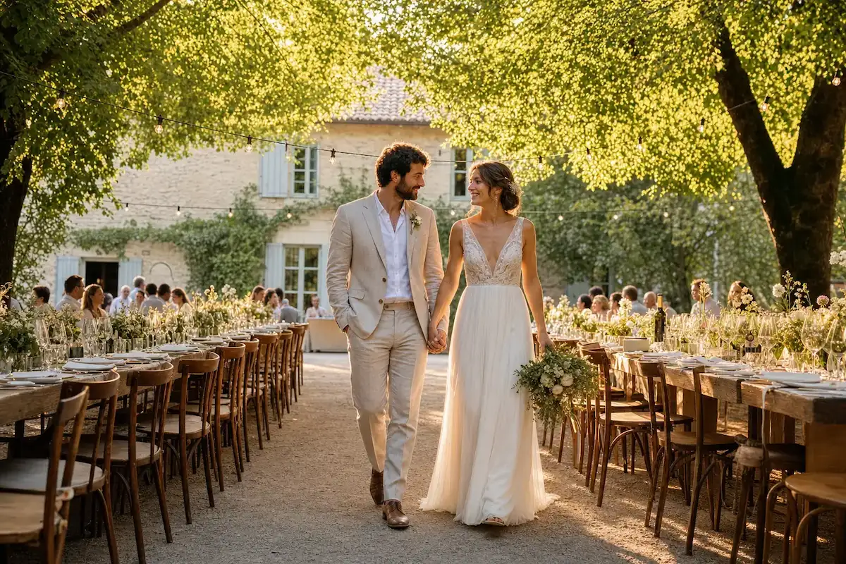 Photo professionnelle d'une mariée portant une robe fluide en mousseline lors d'un mariage en extérieur, plan moyen, ambiance lumineuse, éclairage doux de golden hour, style romantique, format