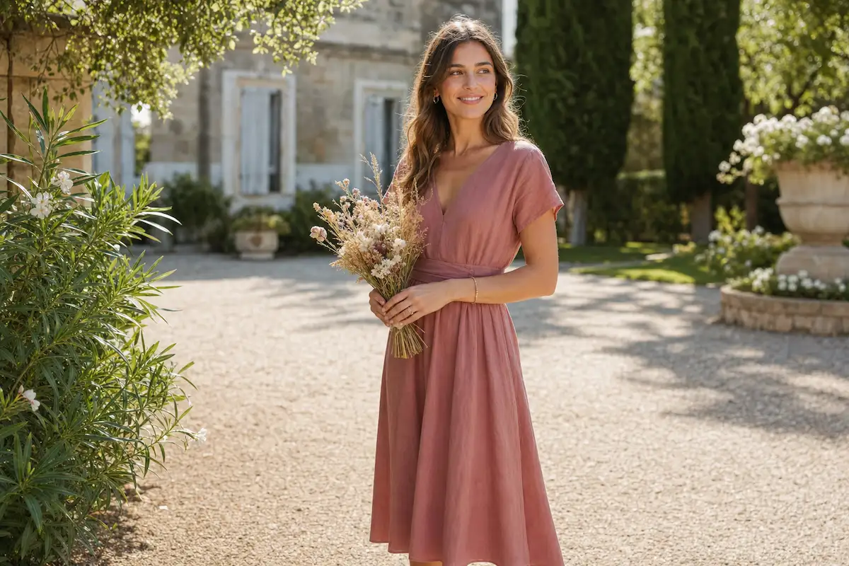 Photo professionnelle d'une invitée à un mariage d'été portant une robe mi-longue en lin vieux rose, coiffure naturelle, bouquet de fleurs séchées à la main, jardin provençal ensoleillé, éclairage naturel doux, style élégant et décontracté, format 16:9
