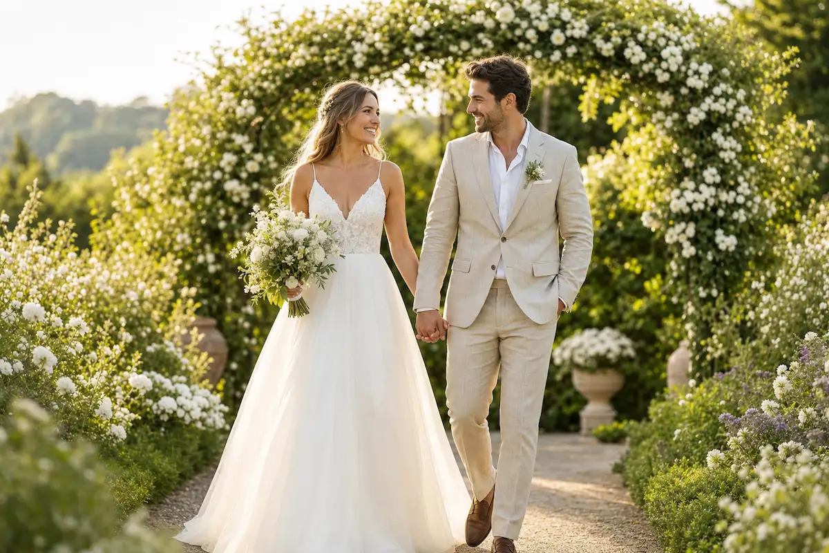 Photo professionnelle d'un couple de mariés marchant main dans la main dans un jardin fleuri en été, robe longue fluide blanche et costume en lin beige, guirlande de fleurs blanches en arrière-plan, lumière de fin d'après-midi, ambiance romantique et légère, format 16:9