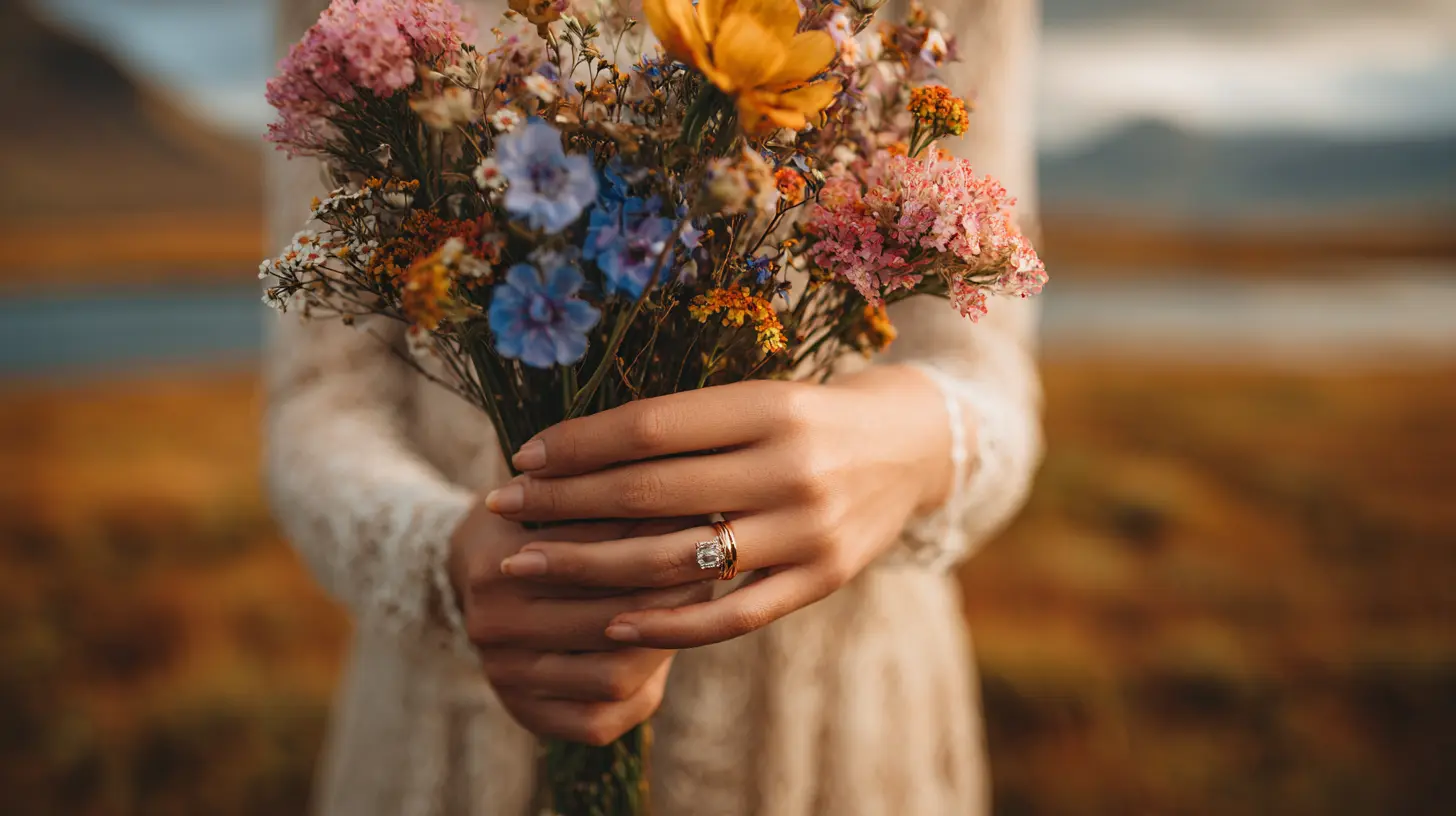 Gros plan sur les mains d'une mariée tenant un bouquet de fleurs sauvages nordiques, alliance dorée visible, arrière-plan flou de paysage volcanique islandais, ambiance chaleureuse et authentique, éclairage doux et naturel, style élégant et minimaliste, format 16:9