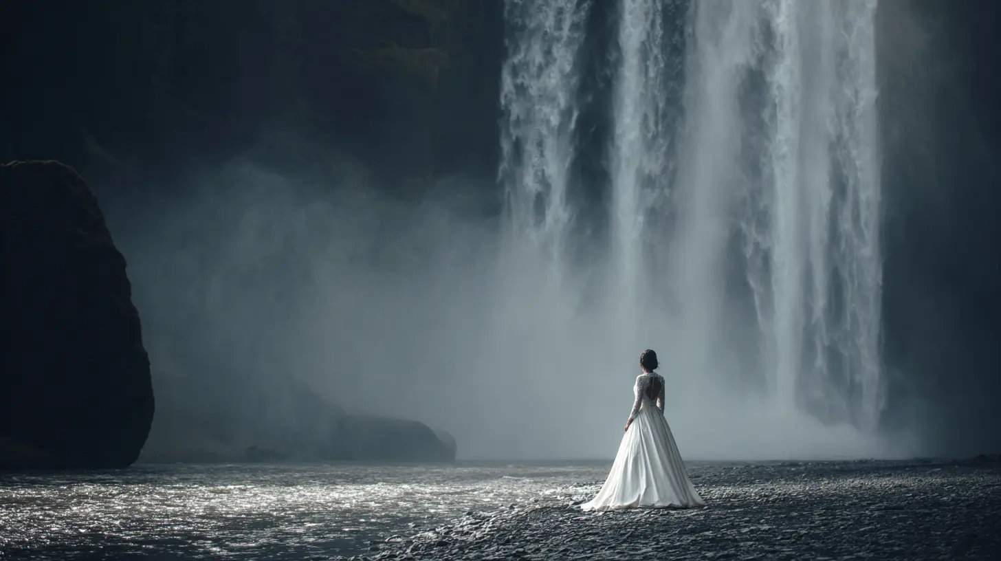 Photo professionnelle d'une mariée en robe blanche élégante debout devant la cascade de Skógafoss en Islande, brume légère en arrière-plan, ambiance romantique et épique, éclairage naturel dramatique, style éditorial haut de gamme, format 16:9
