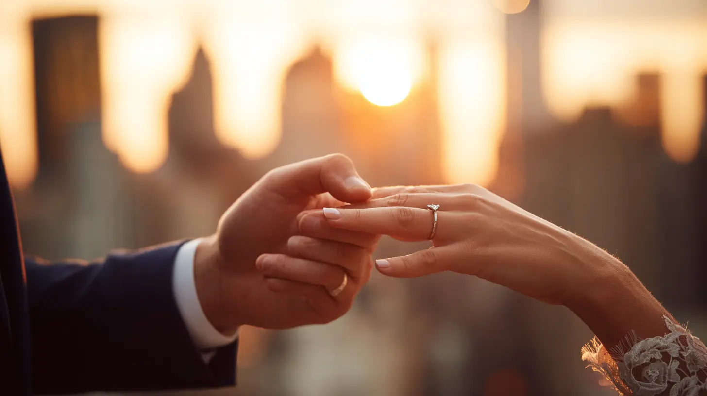 Gros plan sur les mains de deux mariés échangeant leurs alliances sur un rooftop de Manhattan avec la skyline de New York en fond flou, lumière chaude de coucher de soleil, style élégant et romantique, format 16:9
