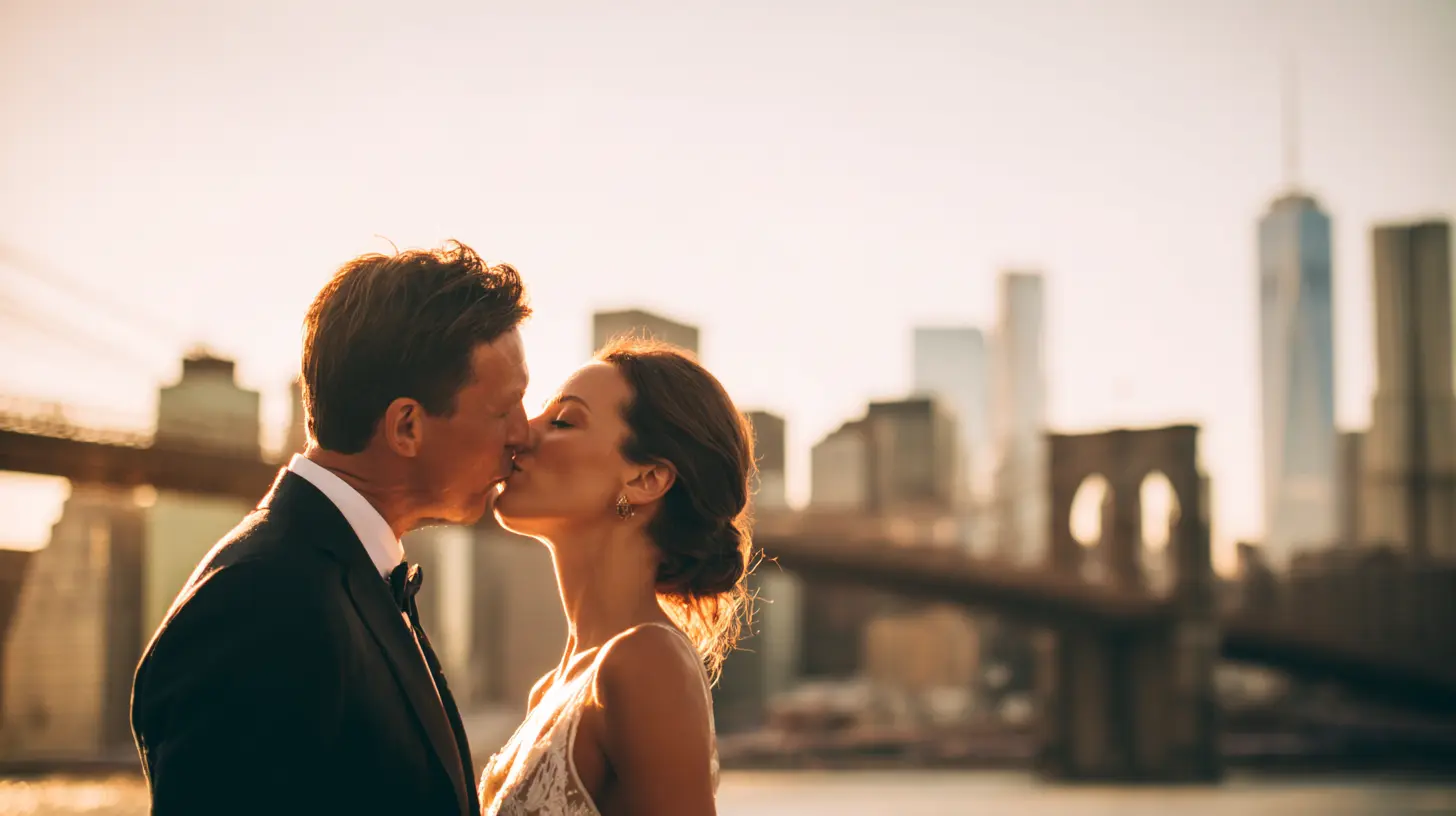 Photo professionnelle d'un couple de mariés s'embrassant devant le Brooklyn Bridge avec la skyline de Manhattan en arrière-plan, lumière dorée de fin de journée, ambiance romantique et cinématographique, style élégant et moderne, format 16:9