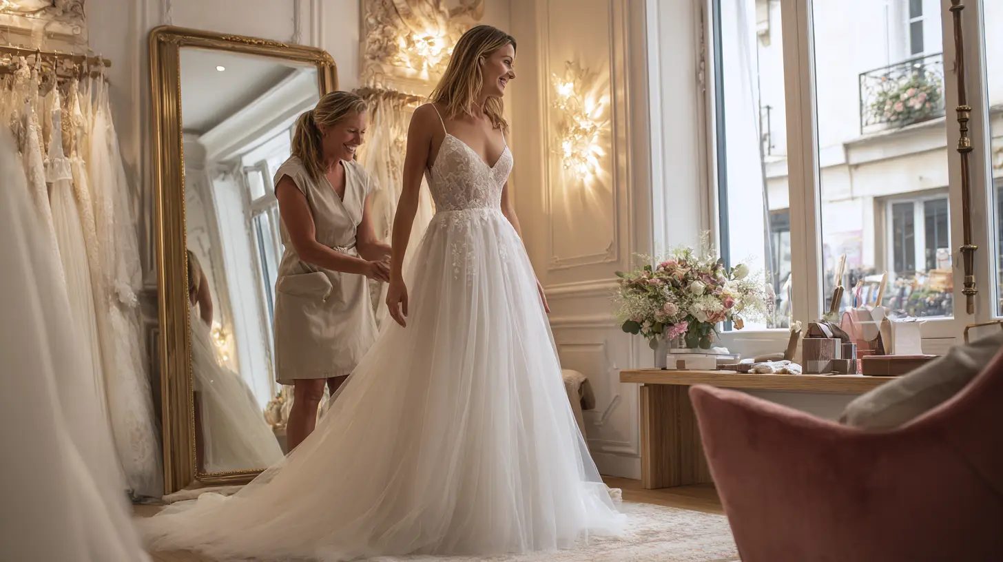 Mariée essayant une robe élégante en boutique, conseillère attentive à ses côtés, ambiance bienveillante et professionnelle, éclairage doux et naturel, décor raffiné de cabine d'essayage, style intimiste et chaleureux, format 16:9