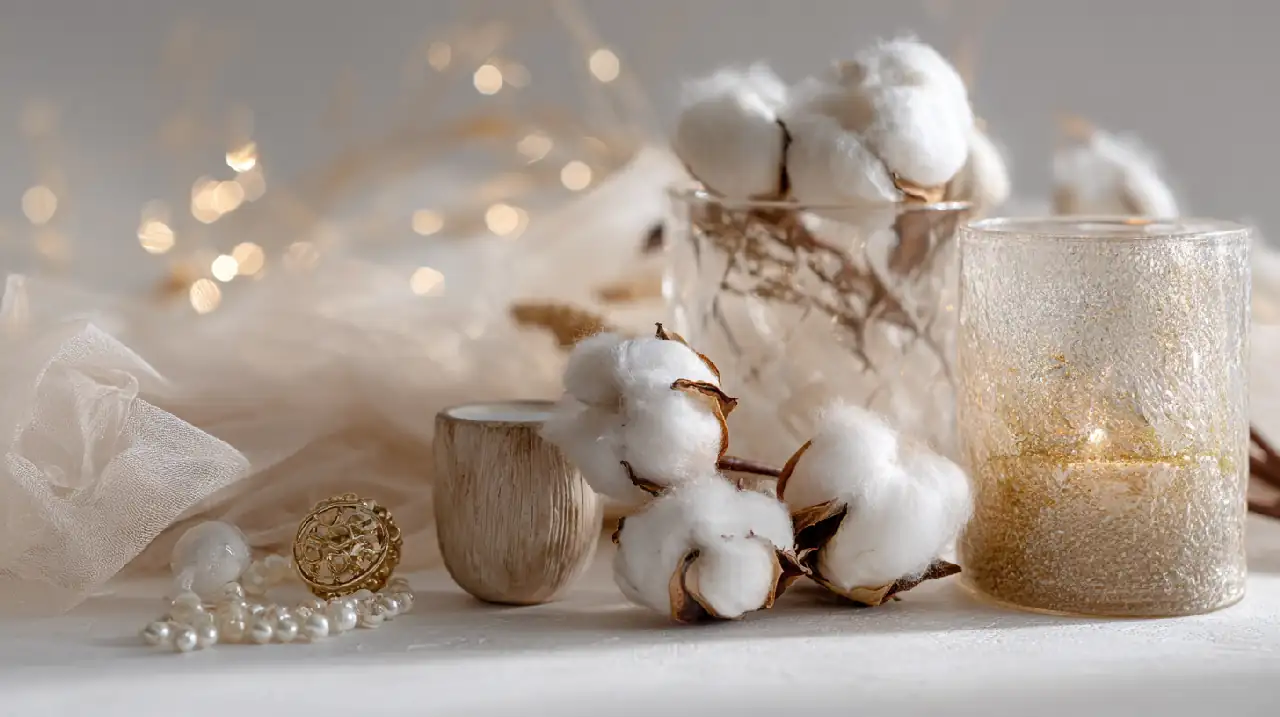 Composition artistique présentant différents matériaux symboliques des noces de mariage disposés avec élégance : coton délicat, bois patiné, cristal scintillant, perles nacrées et bijou en or, sur fond lumineux neutre, éclairage professionnel mettant en valeur les textures, style raffiné et minimaliste, format 16:9