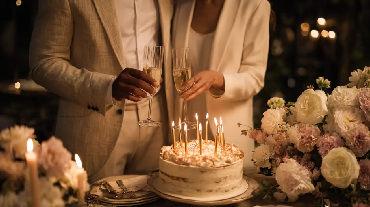 Photo professionnelle d'un couple célébrant leur anniversaire de mariage, tenant des flûtes de champagne devant un gâteau élégant avec des bougies dorées, ambiance romantique et chaleureuse, éclairage doux et naturel, décoration raffinée avec des fleurs blanches, style élégant et intemporel, format 16:9
