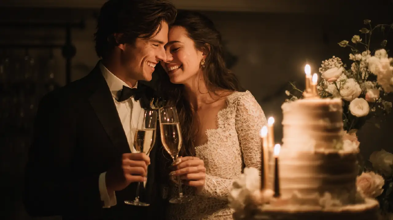 Photo professionnelle d'un couple célébrant leur anniversaire de mariage, tenant des flûtes de champagne devant un gâteau élégant avec des bougies dorées, ambiance romantique et chaleureuse, éclairage doux et naturel, décoration raffinée avec des fleurs blanches, style élégant et intemporel, format 16:9