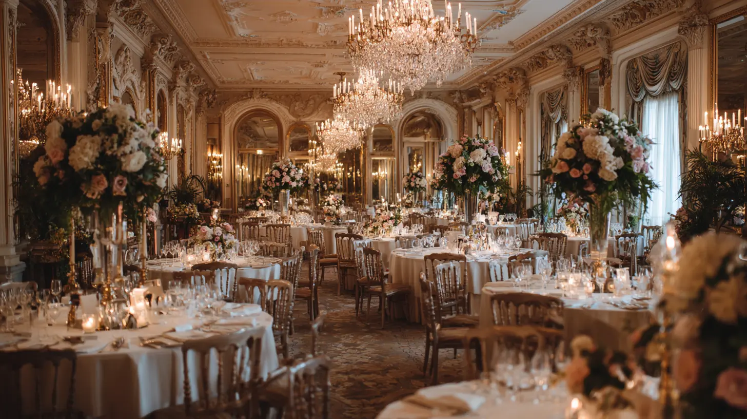 Intérieur somptueux d'une salle de réception de mariage dans un palace londonien, lustres en cristal, tables rondes décorées de fleurs blanches et bougies, hauts plafonds moulurés, ambiance luxueuse et intimiste, éclairage tamisé élégant, style classique britannique raffiné, format 16:9