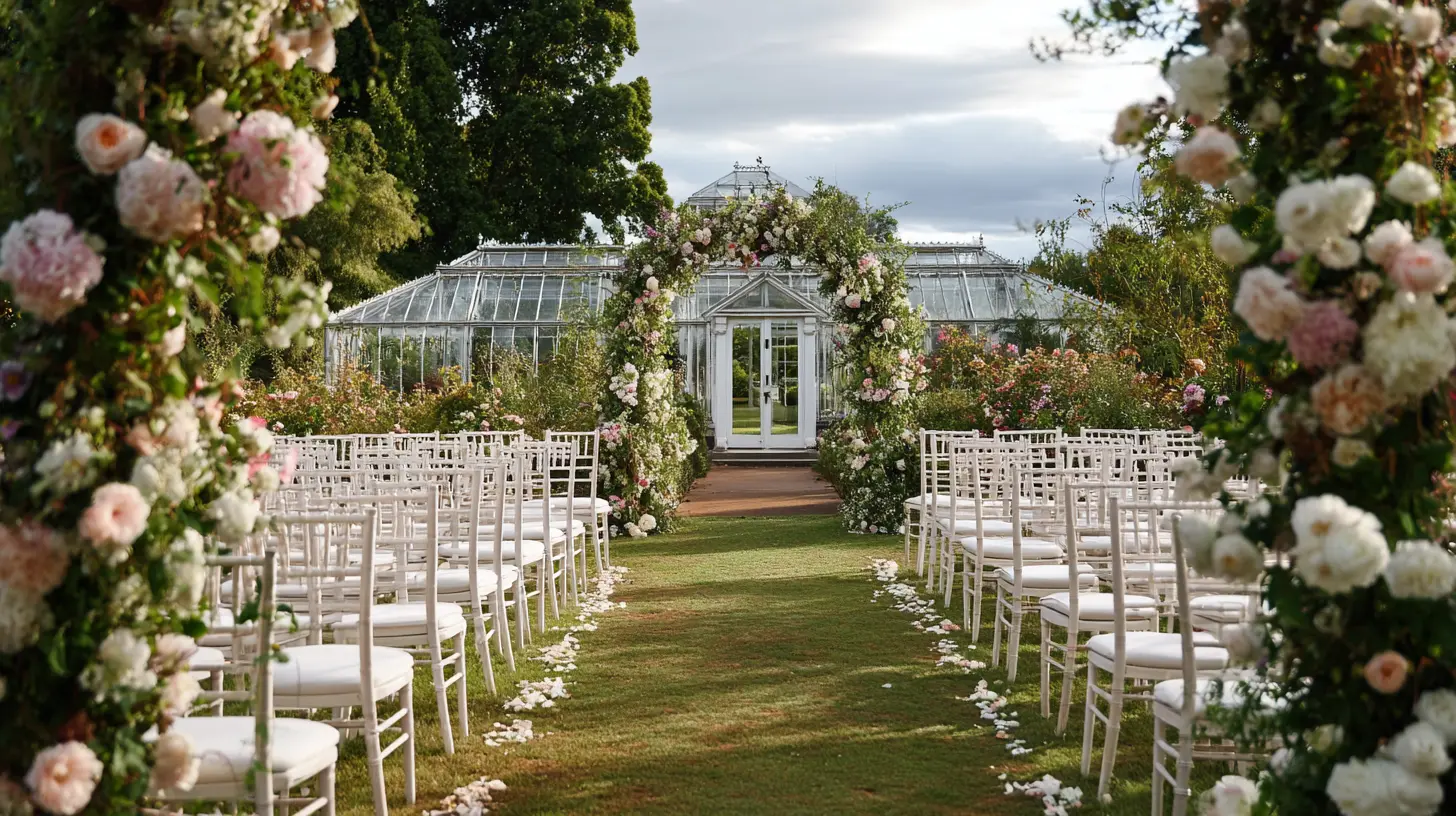 Cérémonie de mariage en extérieur dans les jardins anglais de Kew Gardens à Londres, arche florale romantique avec roses et pivoines, allée bordée de chaises blanches, serre victorienne en arrière-plan, lumière naturelle douce de fin d'après-midi, ambiance bucolique et chic, format 16:9