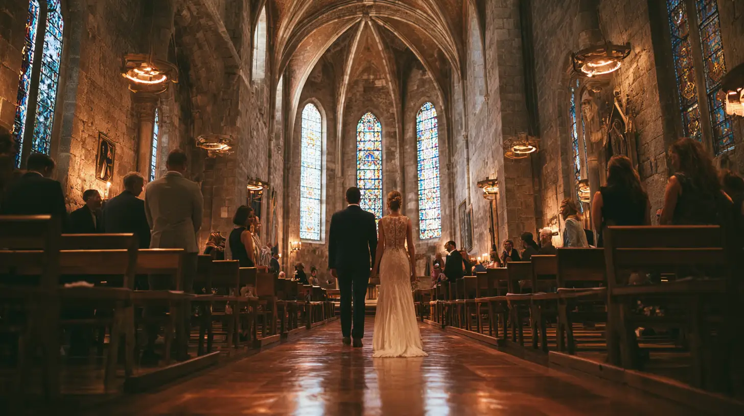 Vue extérieure d’une église de village au soleil, un couple de mariés souriant sur les marches, entouré d’invités lançant des confettis, avec le clocher en arrière-plan