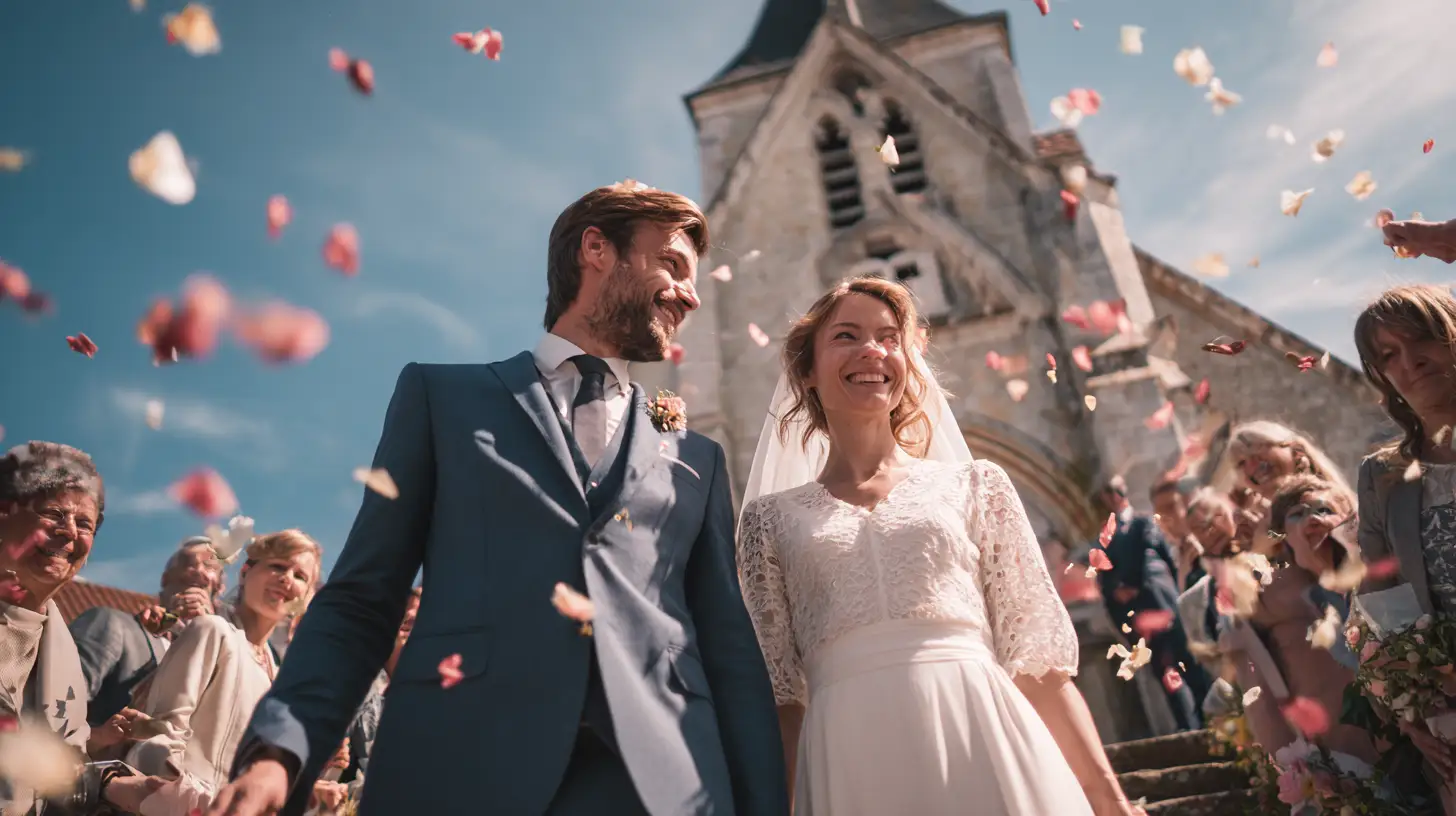 Couple de mariés avançant main dans la main dans l’allée centrale d’une église en pierre baignée de lumière naturelle, entourés d’invités debout, ambiance solennelle et élégante