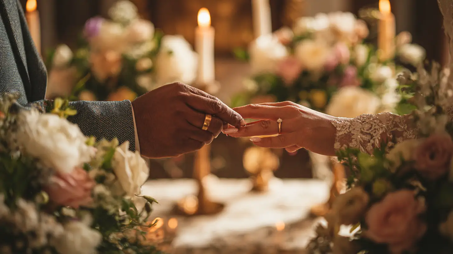 Gros plan sur deux mains échangeant des alliances dorées devant un autel fleuri, avec des fleurs blanches et des bougies floues en arrière-plan, dans une lumière douce et chaleureuse