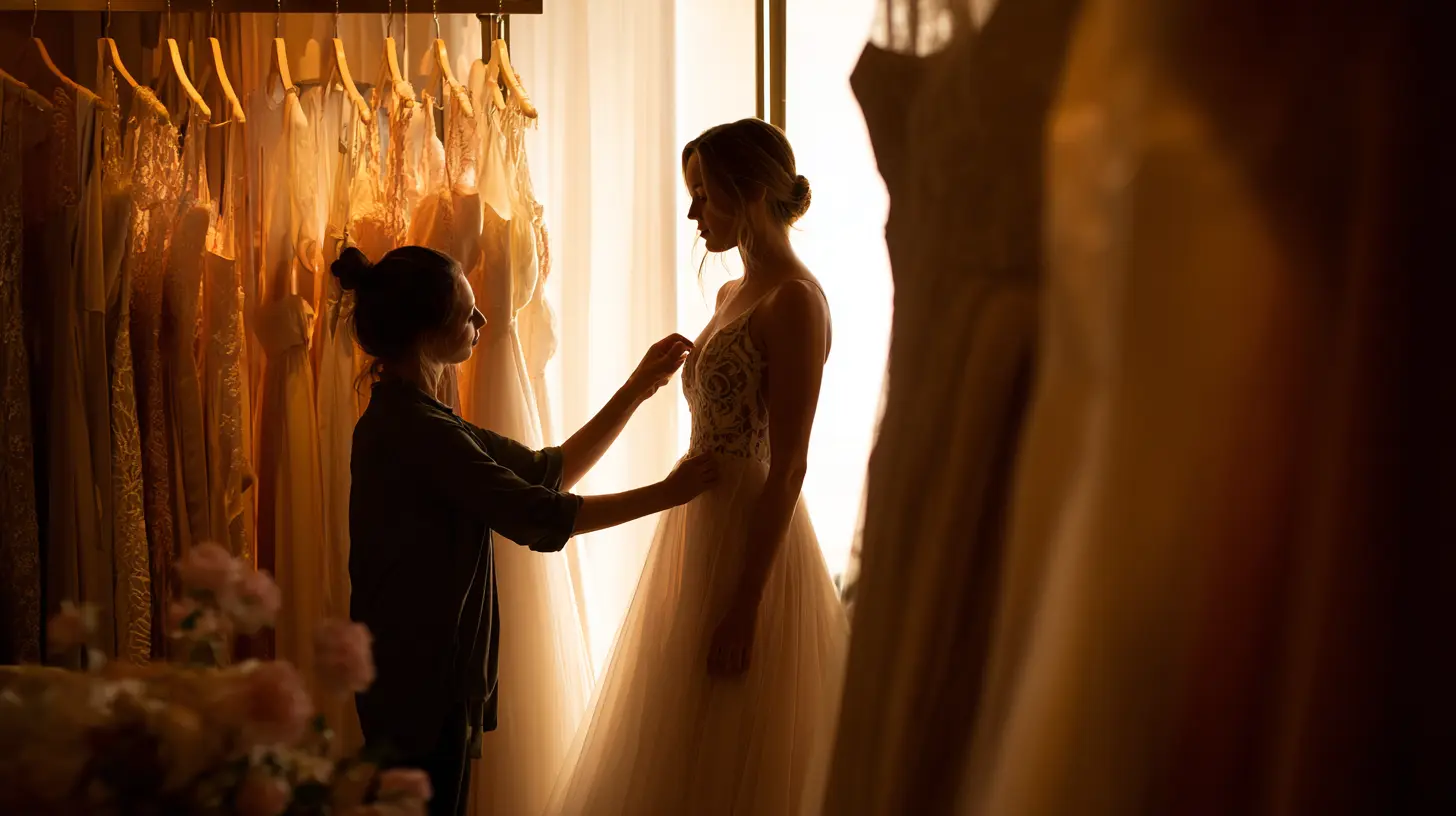 Photo professionnelle d'une mariée en essayage dans une boutique lumineuse, conseillère ajustant délicatement la robe, ambiance chaleureuse et bienveillante, éclairage naturel doux, style élégant et romantique, format 16:9