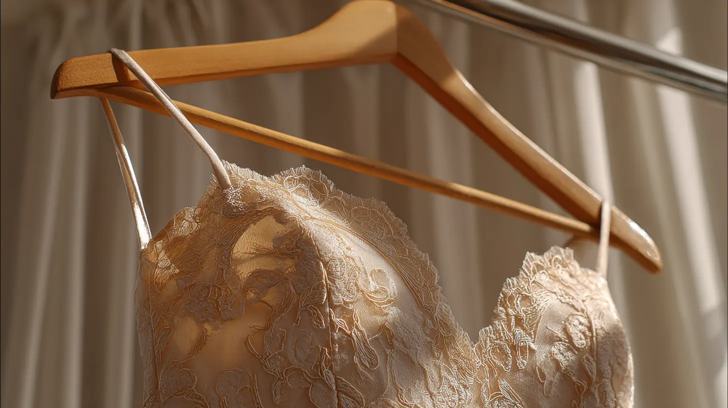 Gros plan sur les détails d'une robe de mariée suspendue à un cintre en bois, dentelle et tissu satiné, lumière dorée et douce, fond épuré et lumineux, style raffiné et intemporel, format 16:9