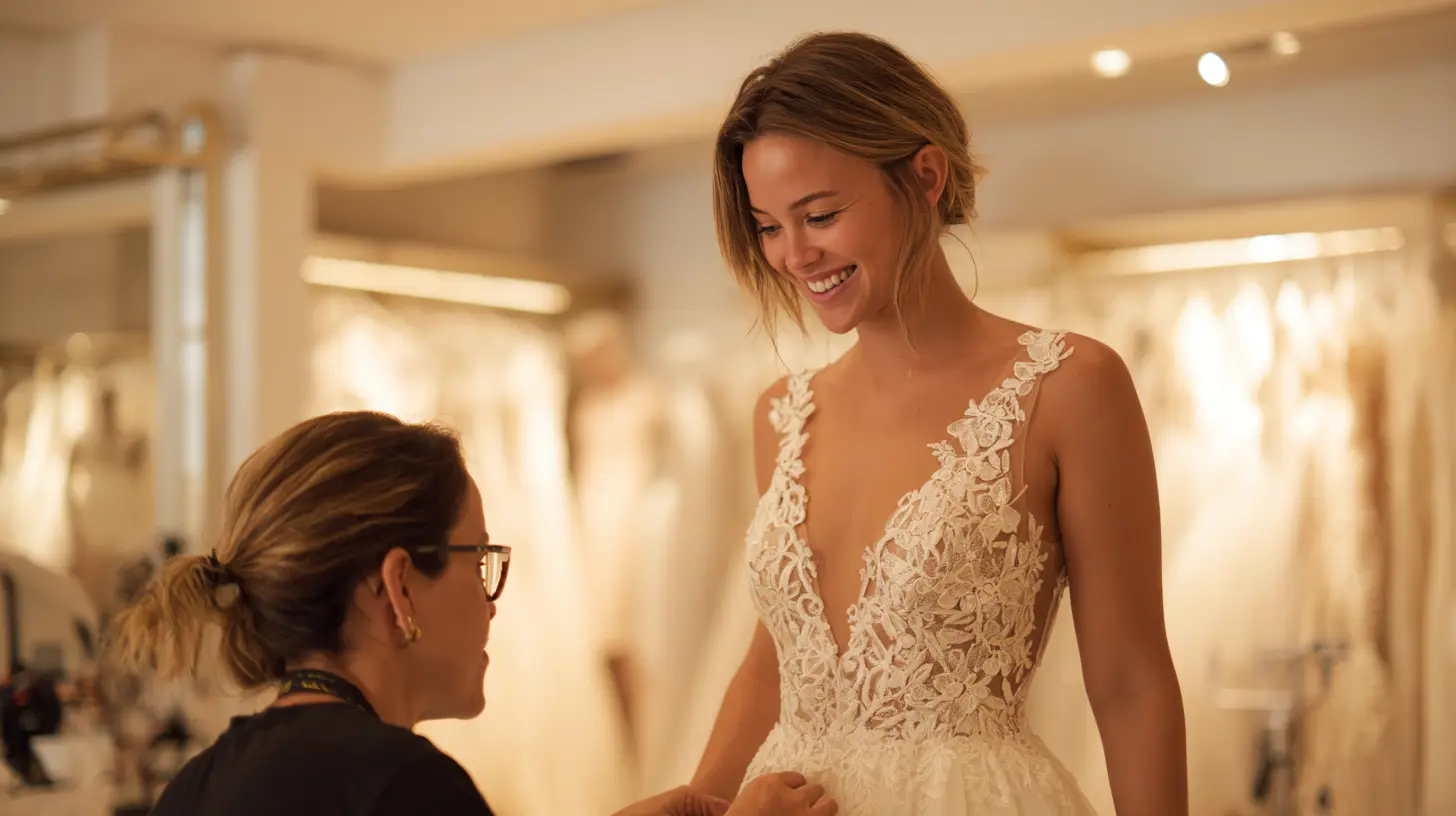Photo professionnelle d'une mariée en essayage dans une boutique lumineuse, conseillère ajustant délicatement la robe, ambiance chaleureuse et bienveillante, éclairage naturel doux, style élégant et romantique, format 16:9