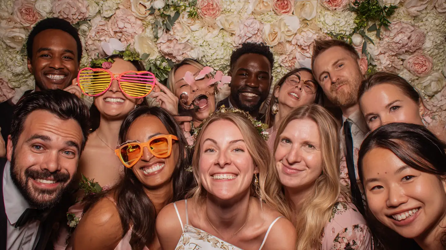 Photobooth de mariage thématisé avec fond fleuri, invités posant avec accessoires amusants — lunettes géantes, pancartes personnalisées — sourires authentiques, éclairage doux et lumineux, style élégant et festif, format 16:9