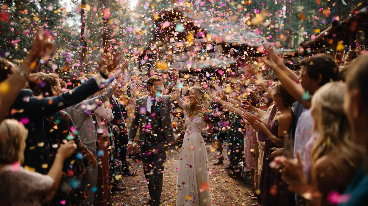 Invités d'un mariage champêtre en train de lancer des confettis colorés dans un tunnel de joie, mariés au centre, lumière naturelle et chaude, ambiance festive et spontanée, format 16:9