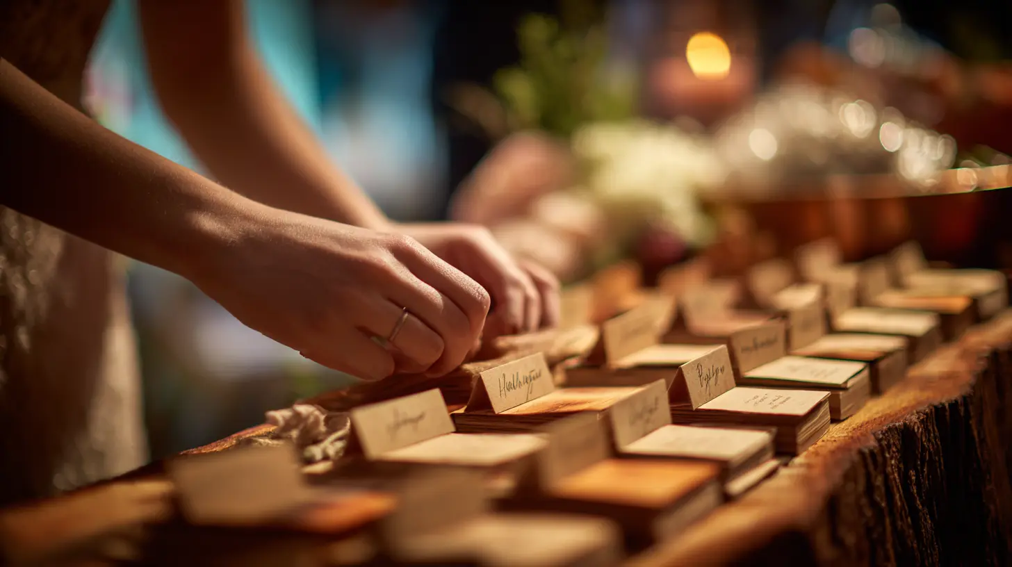 Gros plan sur les mains d'une future mariée manipulant des petits cartons de table sur un grand panneau en bois, ambiance chaleureuse de préparatifs, flou artistique en arrière-plan, style romantique et authentique, format 16:9