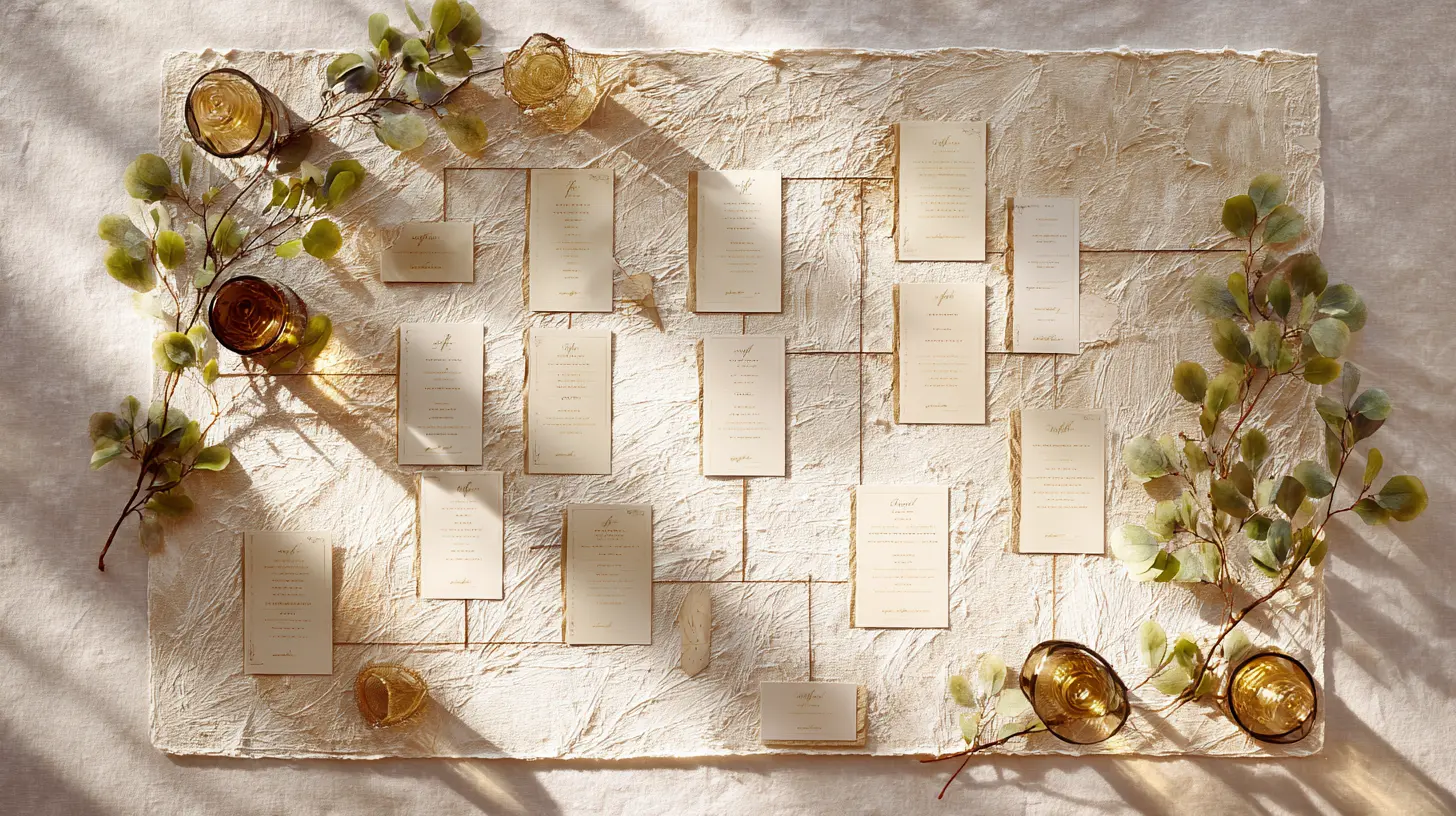 Vue de dessus d'un plan de salle de mariage imprimé sur un beau papier texturé, entouré de marque-places élégants et de petits accessoires de décoration dorés, éclairage naturel doux, style raffiné et inspirant, format 16:9