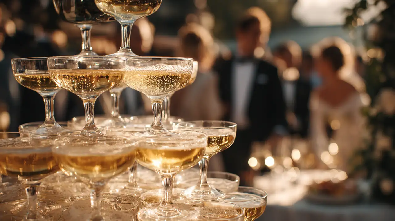 Pyramide de coupes de champagne lors du vin d'honneur d'un mariage