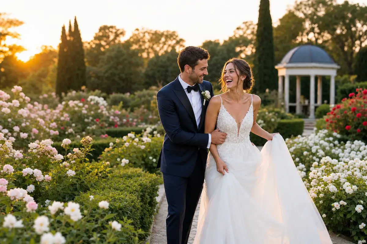 Photo professionnelle d'un couple de mariés riant ensemble dans un jardin fleuri, mariée tenant sa robe d'une main, marié la guidant par la taille, pose décontractée et naturelle, lumière de golden hour, style éditorial élégant, format 16:9