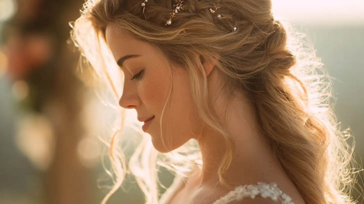 Profil d'une mariée avec un demi-chignon romantique tressé et des perles nacrées, éclairé par une lumière dorée naturelle