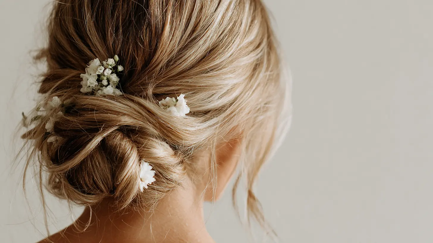 Gros plan sur un chignon bas flou orné de petites fleurs blanches de gypsophile sur un fond neutre