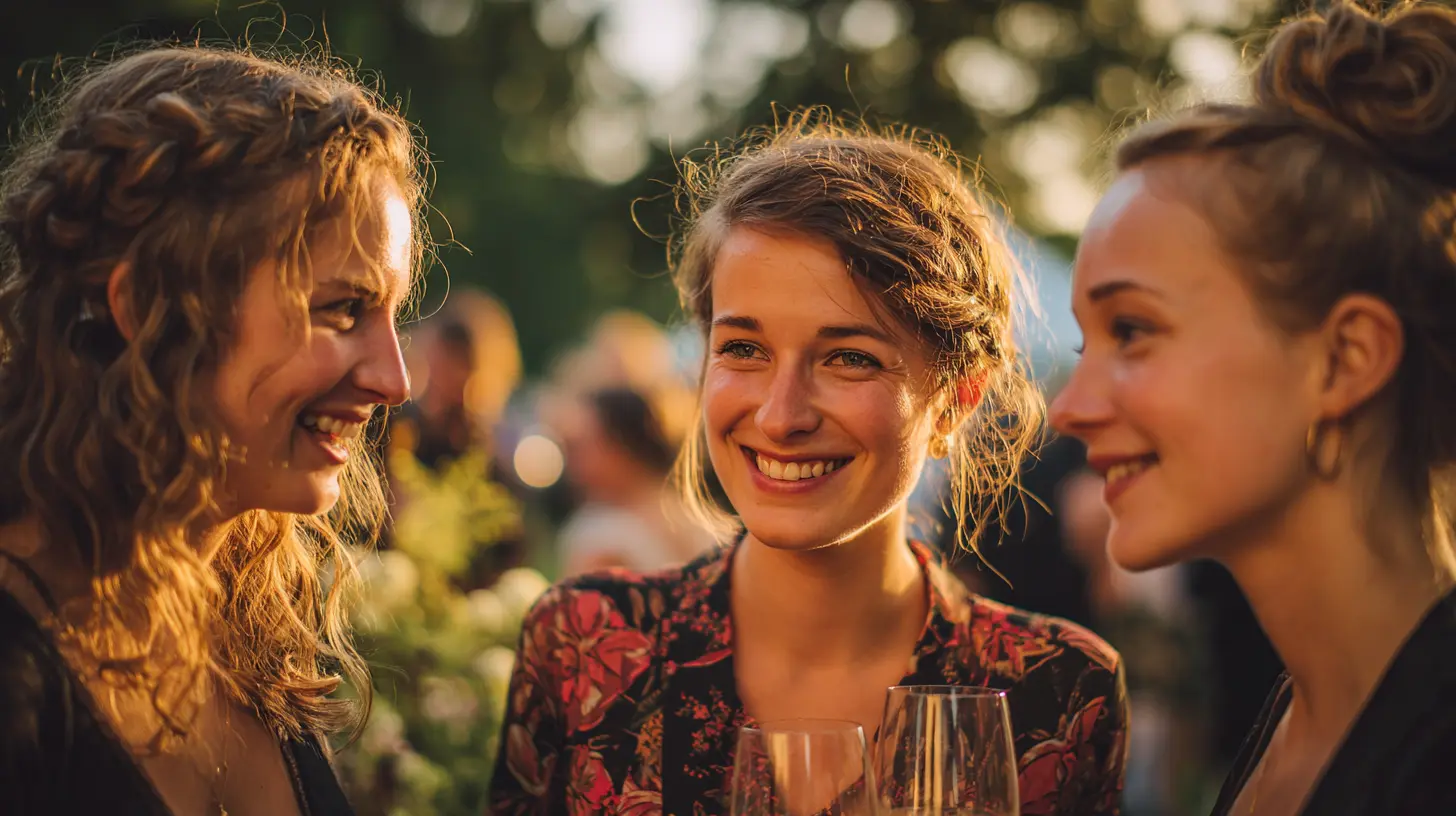 Trois invitées de mariage souriantes avec des coiffures de cérémonie variées lors d'un cocktail en extérieur au coucher du soleil