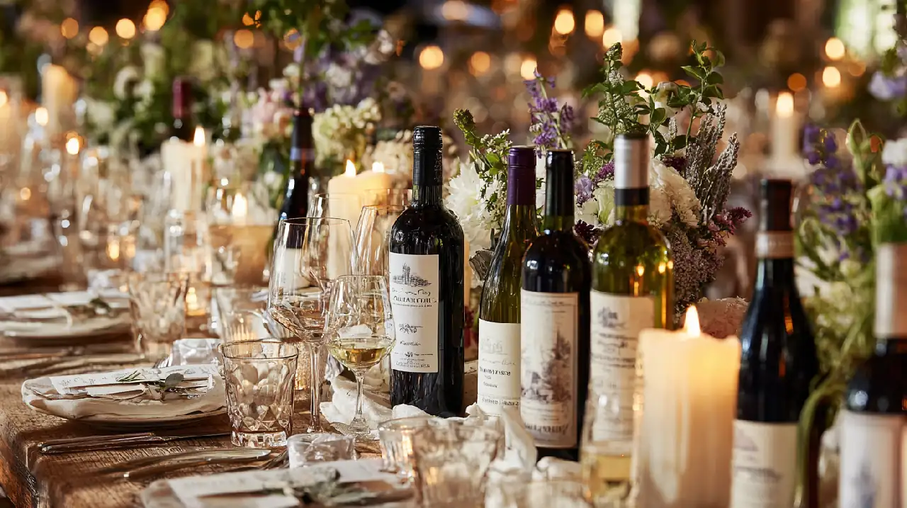 Vue d'ensemble d'une table de réception de mariage avec sélection variée de vins et spiritueux, étiquettes visibles de bouteilles haut de gamme, verres à vin alignés, décoration champêtre-chic avec fleurs fraîches et bougies, éclairage professionnel chaleureux, style lifestyle magazine mariage, format 16:9