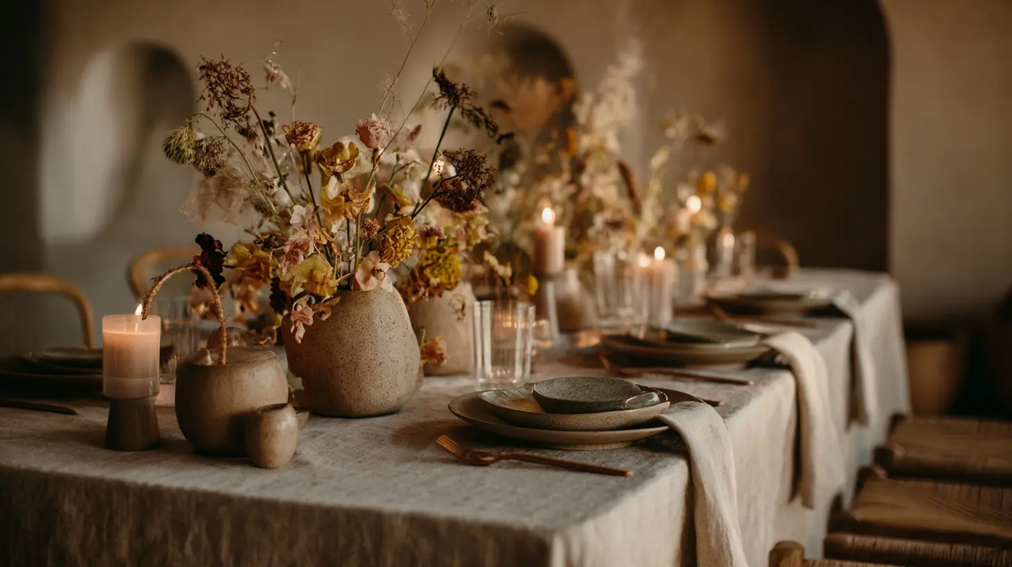 Table de mariage décorée dans un style naturel et épuré, nappe en lin beige, composition florale organique avec fleurs de saison et feuillages, bougies artisanales, vaisselle en céramique artisanale, tons terreux terracotta et vert sauge, ambiance chaleureuse et moderne, éclairage naturel doux, format 16:9
