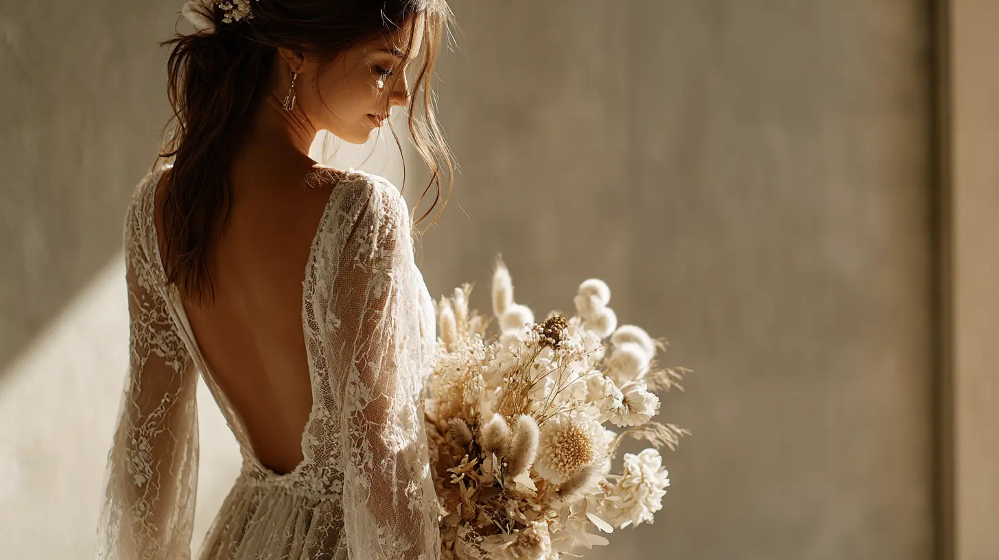Photo professionnelle d'une mariée moderne en robe bohème fluide avec dentelle délicate et dos nu, tenant un bouquet de fleurs séchées et d'eucalyptus, ambiance naturelle et lumineuse, éclairage doux de fin d'après-midi, décor minimaliste avec matériaux bruts, style élégant et authentique, format 16:9