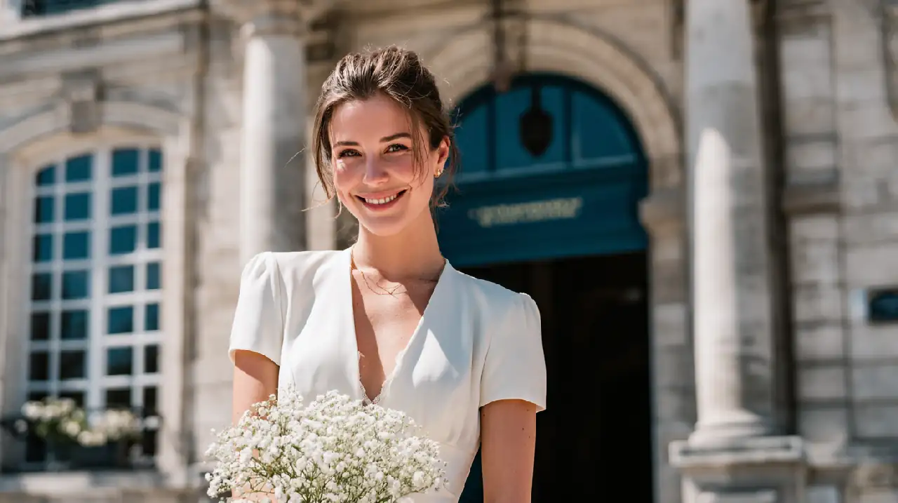 Photo professionnelle d'une mariée élégante en robe courte blanche devant l'entrée d'une mairie française, tenant un petit bouquet de fleurs blanches, ambiance lumineuse et romantique, éclairage naturel doux de fin de matinée, style chic et contemporain, clarté et élégance, format 16:9