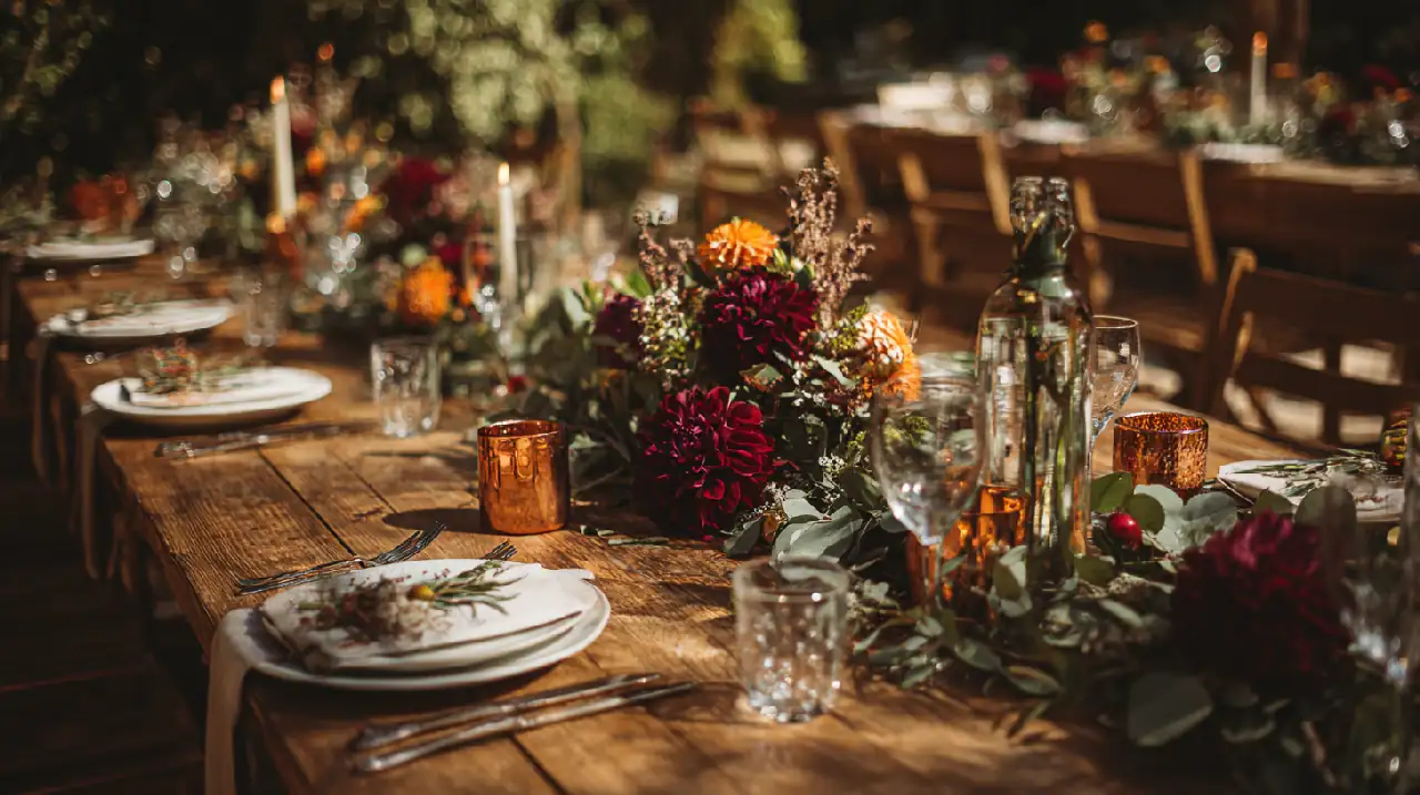 Décoration florale de mariage champêtre avec bouquets dans des tons automnaux chauds, bordeaux, rouille et vert olive, centres de table avec eucalyptus et dahlias, bougies cuivrées, cadre naturel et lumineux, ambiance chaleureuse et sophistiquée, éclairage doré de fin de journée, format 16:9