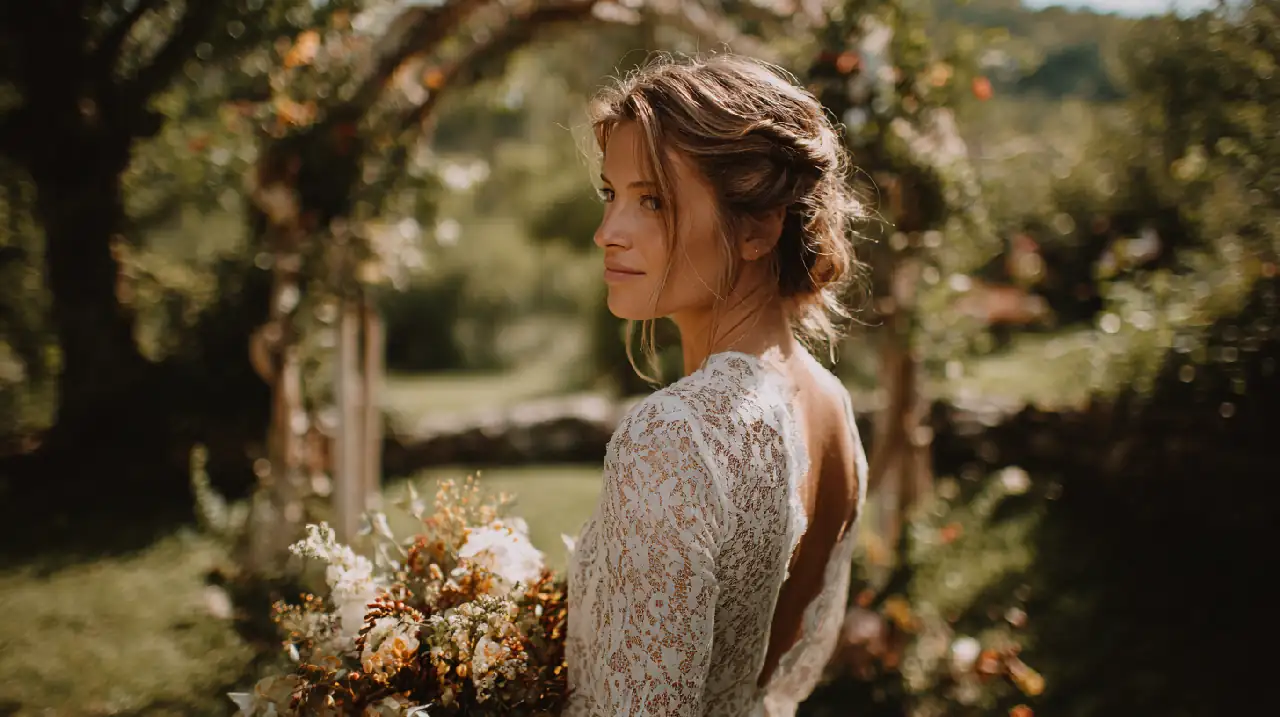 Mariée dans une robe en dentelle éthique tenant un bouquet de fleurs sauvages et de saison, cérémonie en plein air dans un jardin naturel avec arche en bois flotté, ambiance romantique et authentique, lumière dorée de fin d'après-midi, style bohème chic et écologique, format 16:9