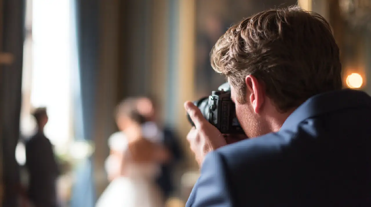 Photo professionnelle d'un photographe de mariage en action lors d'une cérémonie, tenant un appareil photo reflex, lumière naturelle douce, ambiance élégante et romantique, couple flou en arrière-plan, style documentaire raffiné, format 16:9