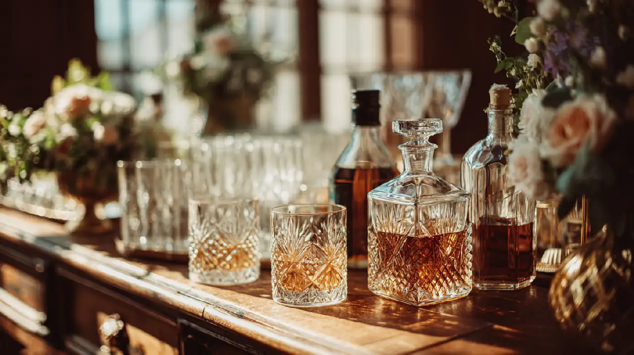 Photo professionnelle d'un bar à cocktails élégant lors d'un mariage, plateau présentant différents spiritueux (champagne, gin, whisky), verres en cristal disposés harmonieusement, décoration florale délicate, ambiance lumineuse et festive, éclairage naturel doux filtrant par de grandes fenêtres, style raffiné et romantique, format 16:9